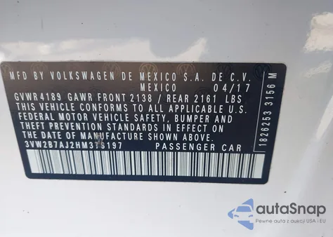 2017 Volkswagen Jetta 1.4T S из США, поврежденный, VIN 3VW2B7AJ2HM378197